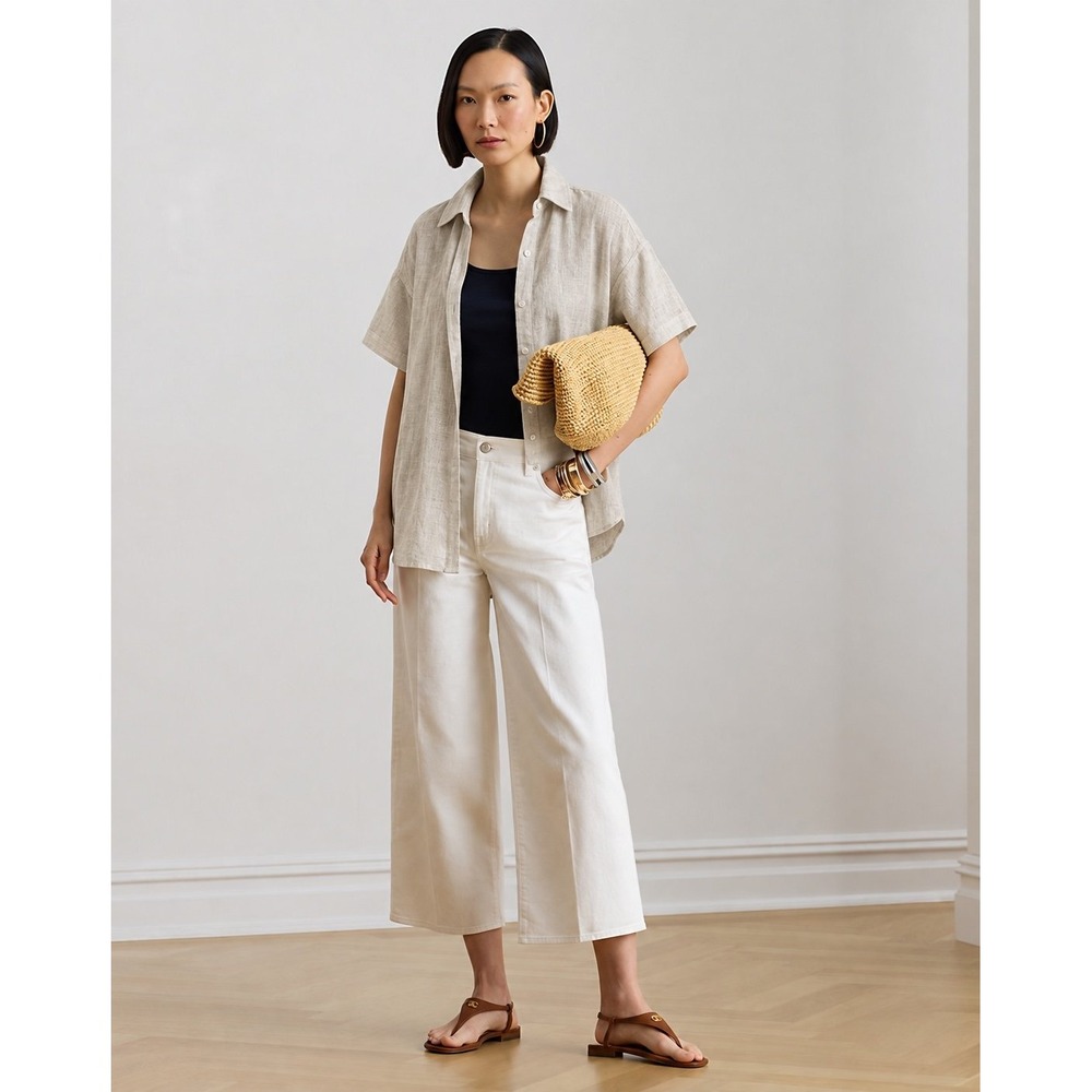 Lauren Ralph Lauren 100% Linen Relaxed Fit Shirt Beige Petite Small Black label